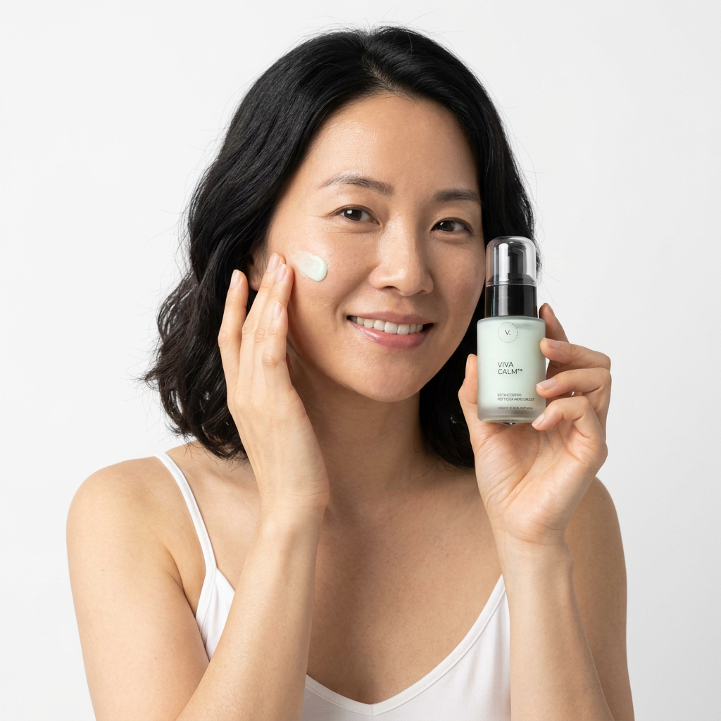 A woman smiling at the camera while applying Viva Calm to her cheek and holding the bottle upright