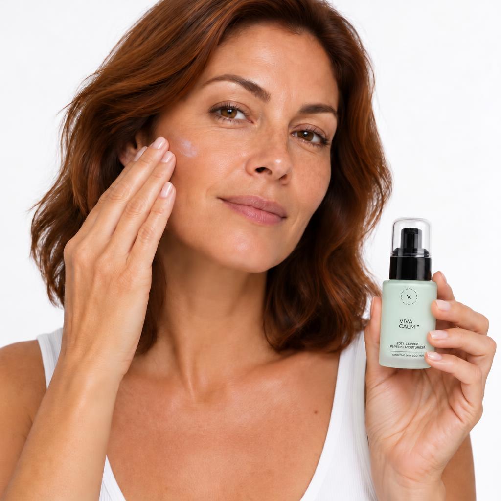A woman holding the Viva Calm pump bottle with soothing cream on her cheek