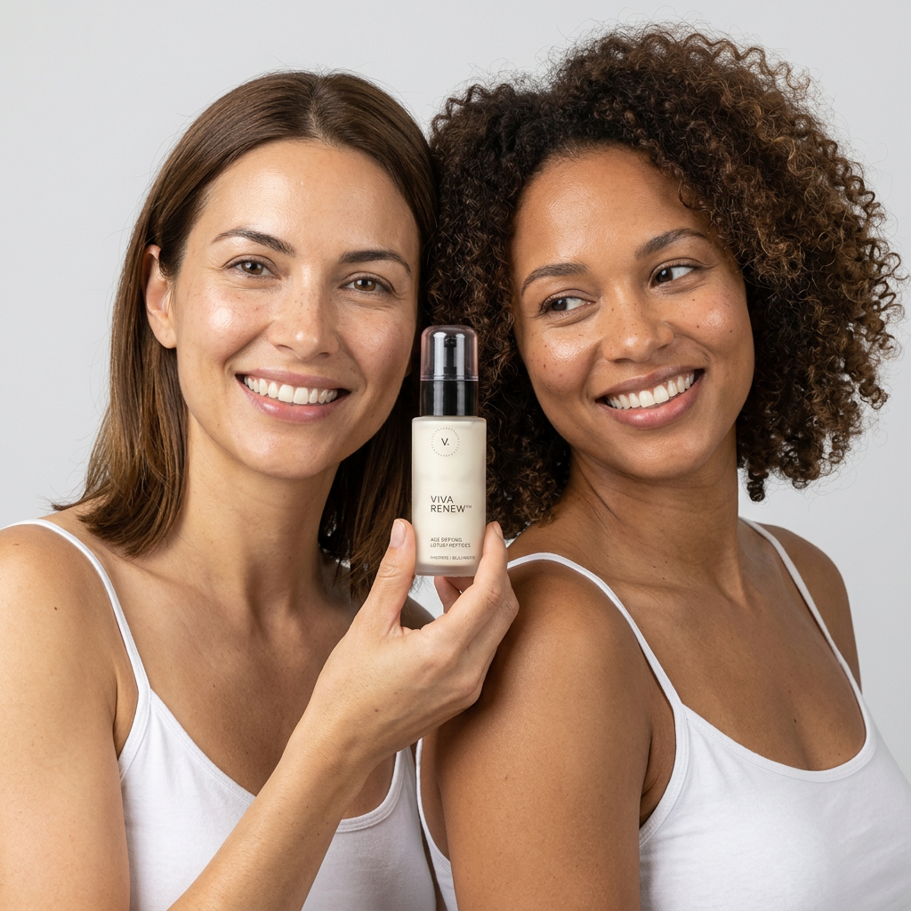 Two smiling women holding the Viva Renew pump bottle together