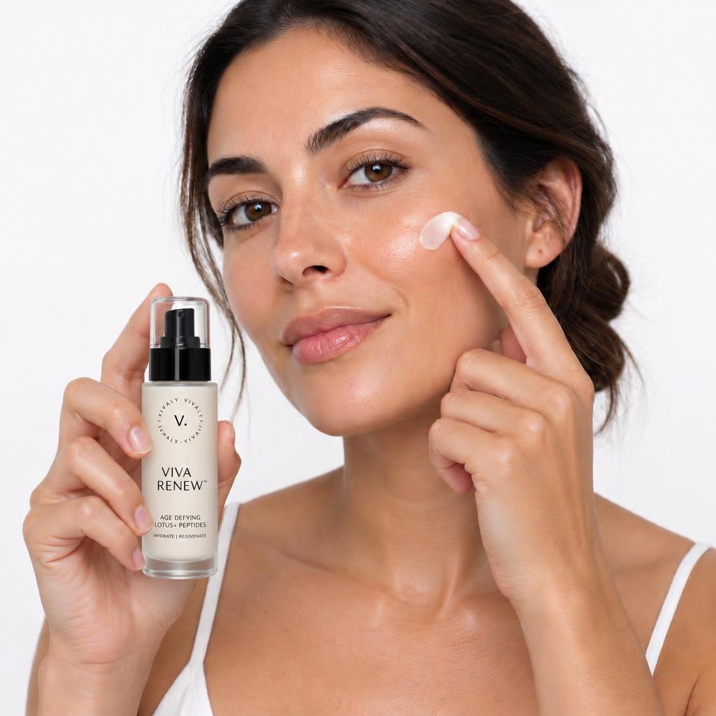 A woman smoothing Viva Renew onto her cheekbone while holding the bottle